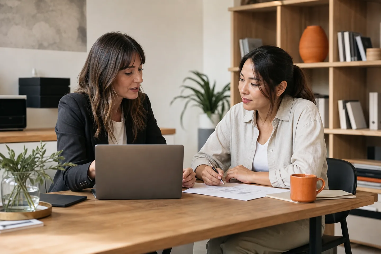 A marketing consultant and business owner reviewing a plan together